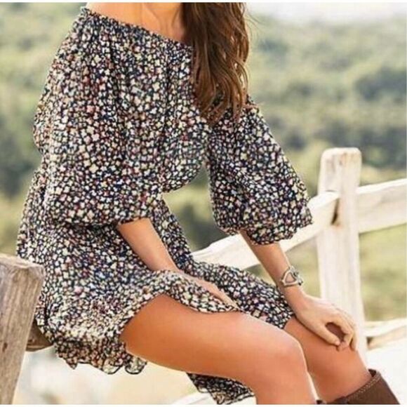 ✨Moda International Boho Silk Chiffon Off-Shoulder Shift Sz Small Dress✨ - Picture 1 of 6